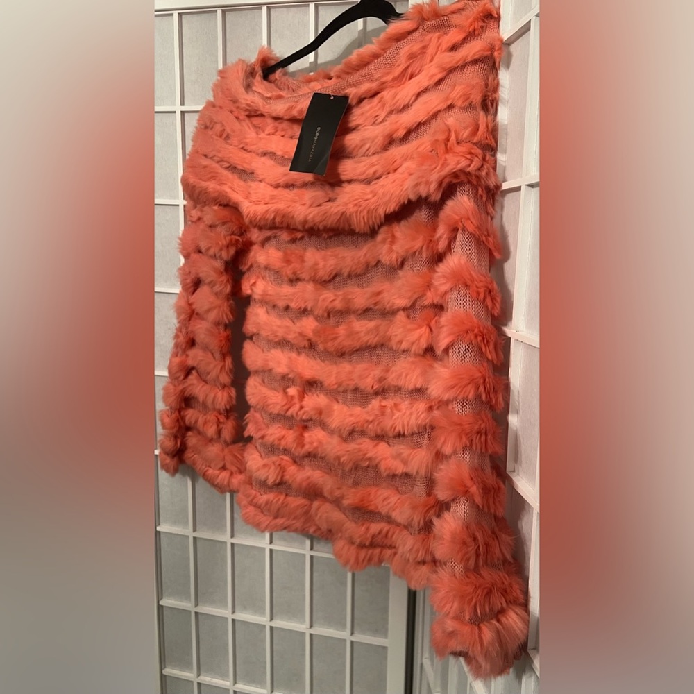 BCBG MAXAZRIA Rabbit Fur Off-Shoulder Top Coral Crystal Rose NWT - Picture 4 of 8